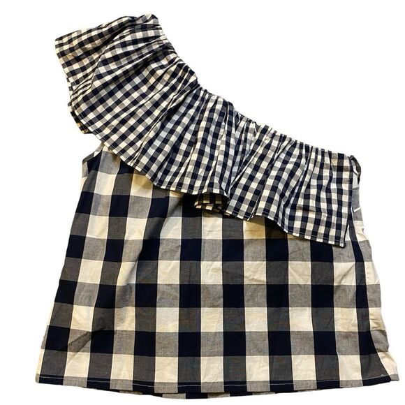 J. Crew White and Navy Gingham Ruffle One Shoulder Blouse - Picture 6 of 10
